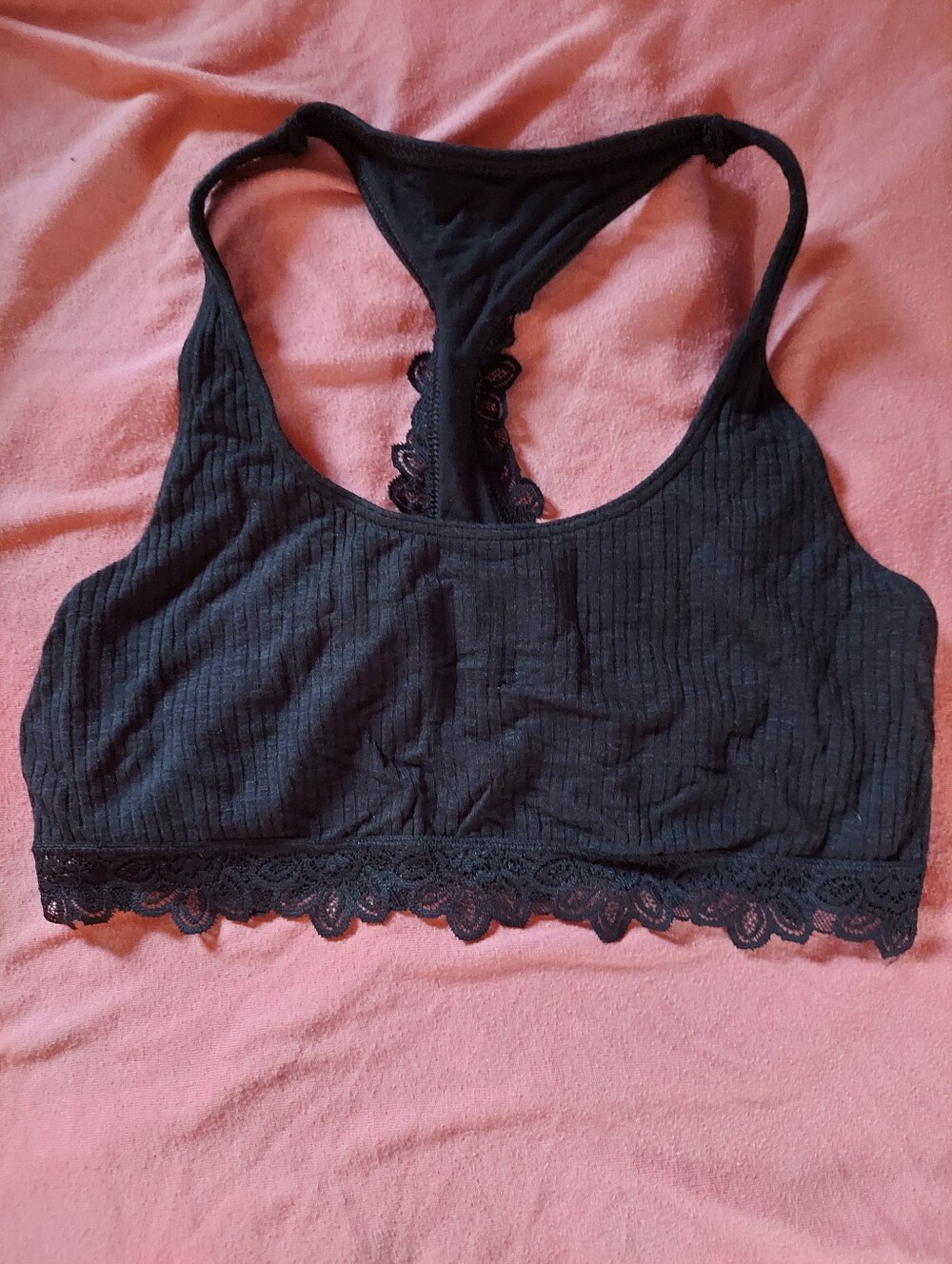 aerie Black Ribbed Lace-Trim Racerback Bralette